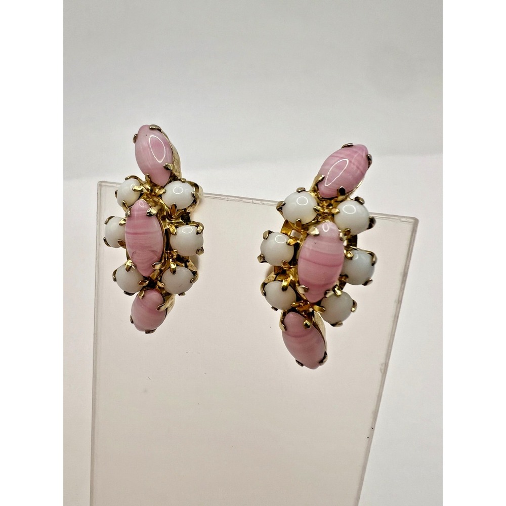 LaRel Clip On Earrings Pink White Art Glass Gold Mid Century La Rel Romantic
